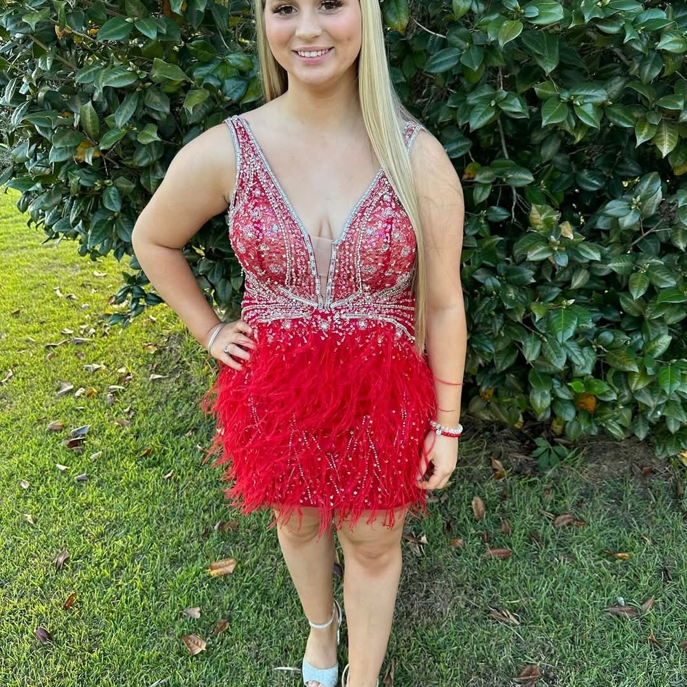 Jovani Red Feather Embellished Dress - Size 14